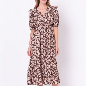 English Factory Brown Floral Midi Dress